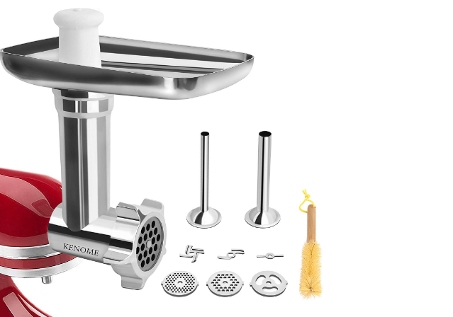 Metal Food Grinder Attachment for KitchenAid Stand Mixers Includes 2 Sausage Stuffer Tubes,Durable Meat Grinder
