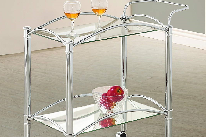 Serving Cart with Mirrored Bottom Shelf and Casters Chrome and Clear