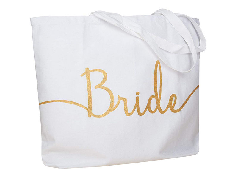 ElegantPark Bride Jumbo Tote Bag Wedding Bridal Shower Gifts Canvas 100% Cotton Interior Pocket White with Gold Glitter