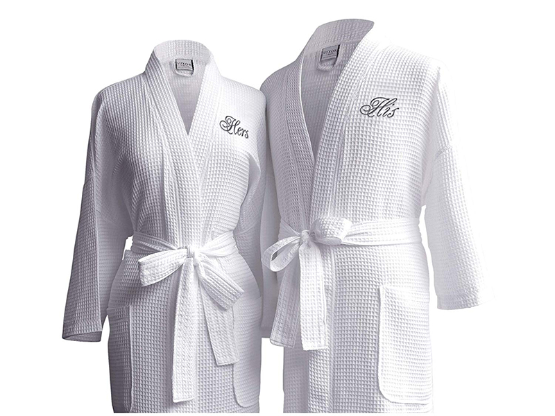 Luxor Linens Egyptian Cotton Waffle Weave Robe with His Hers Couple's Embroidery