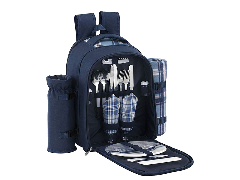 VonShef 2 Person Blue Picnic Backpack Hamper with Cooler Compartment Includes Tableware & Fleece Blanket