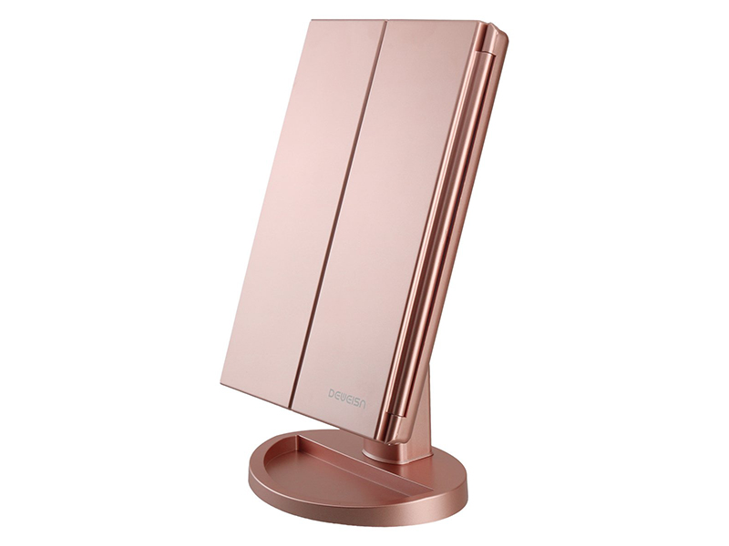 eweisn Tri-Fold Lighted Vanity Makeup Mirror with 21 LED Lights,3X 2X Magnification Mirror,Touch Sensor Switch, Two Power Supply Mode Tabletop Makeup Mirror,Travel Cosmetic Mirror (Rose Gold)