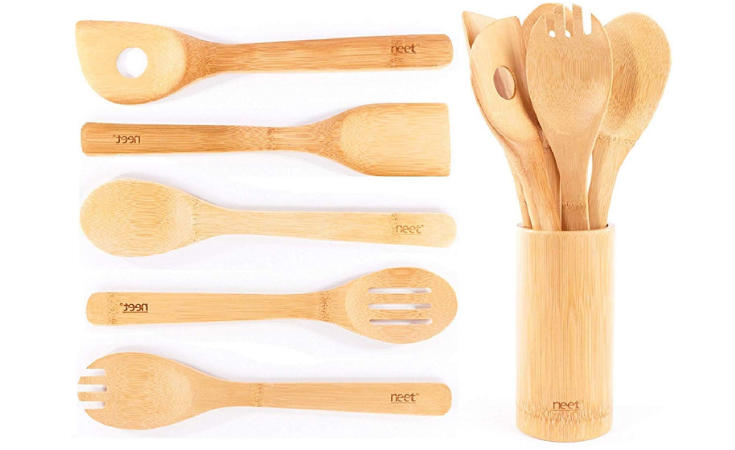Organic Bamboo Cooking & Serving Utensil Set By Neet - 6 Piece Set Spoon & Spatula Mix